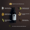 Hair Growth Oil surrounded by natural ingredients like Amla, fenugreek, and cardamom, highlighting benefits for scalp health and hair follicle strength.
